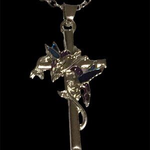 Graceful Hummingbird Cross Silver-Toned Pendant Necklace